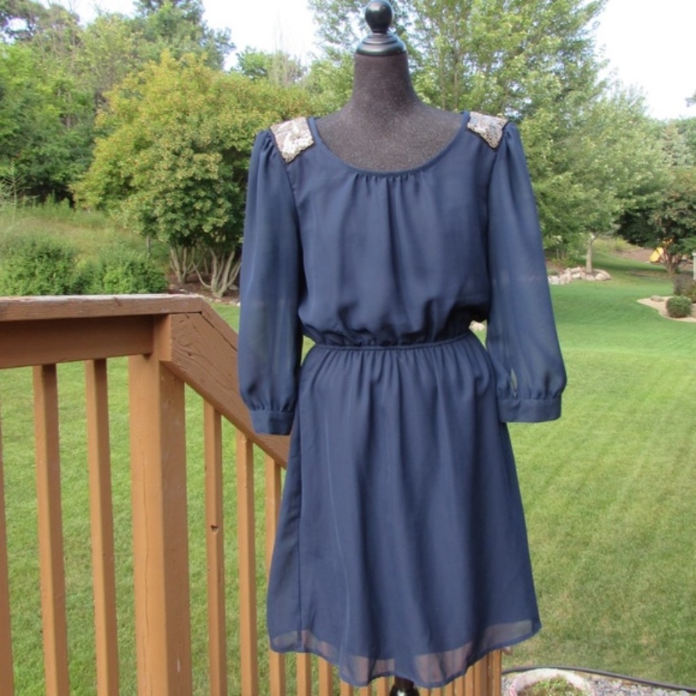 Navy Dress with Pewter shoulder details